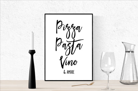Poster Küche Pizza Pasta Vino Küchenposter Poster Spruch Geschenk - Handlettering Poster- Spruchposter Esszimmer